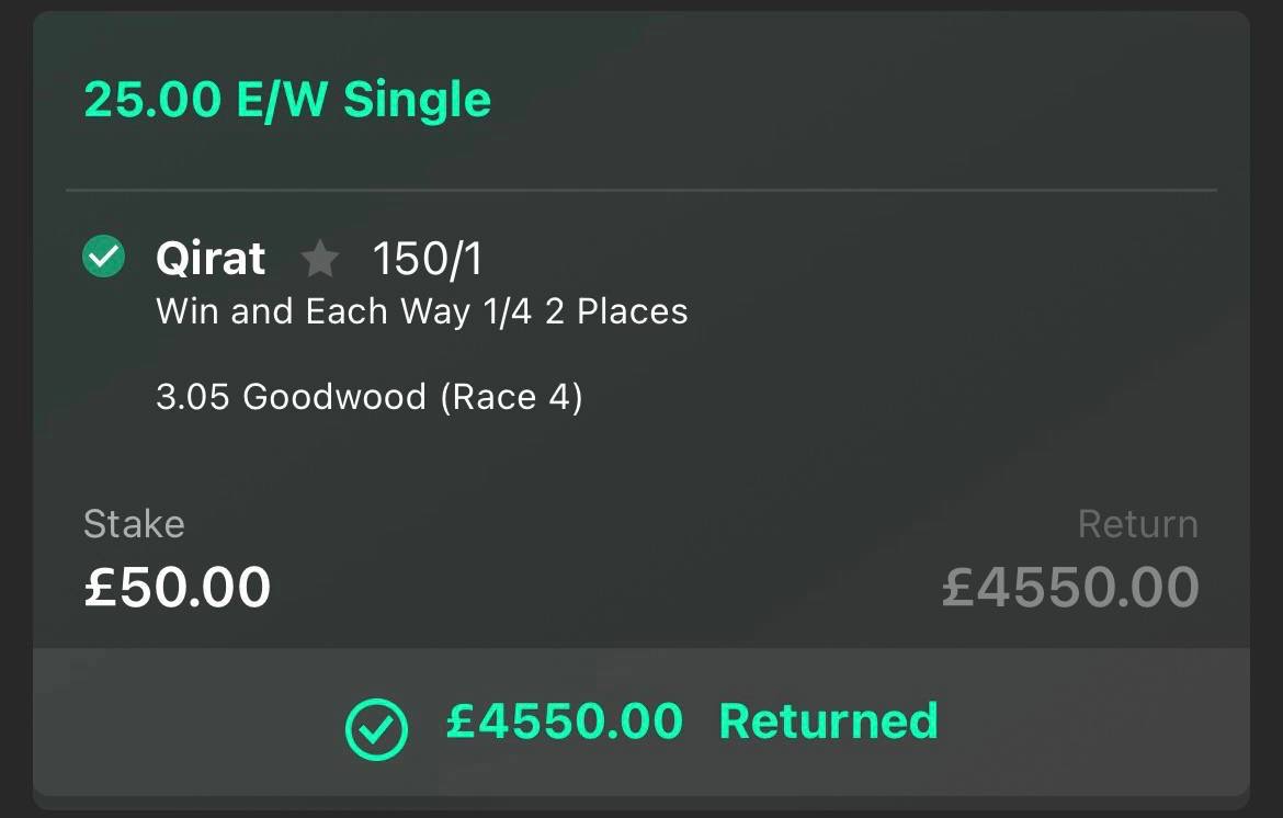 Qirat winning bet slip showing £4,550 returned