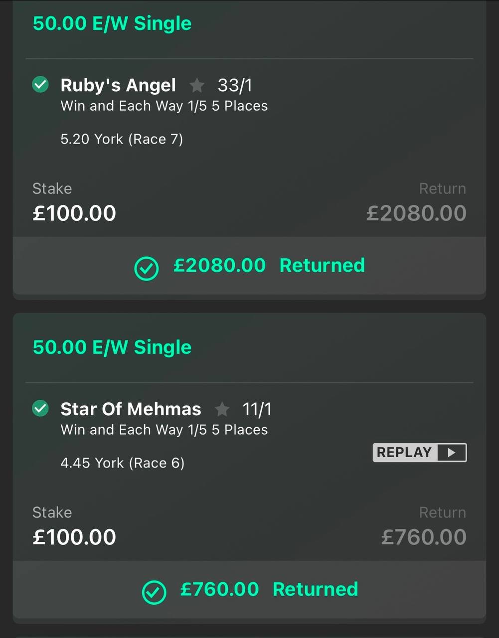 Ruby’s Angel winning bet slip showing £2,080 returned